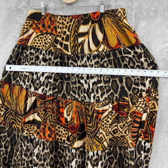 Vintage Leopard Animal Print Batik A Line Maxi Skirt Brown Orange - Picture 9 of 10